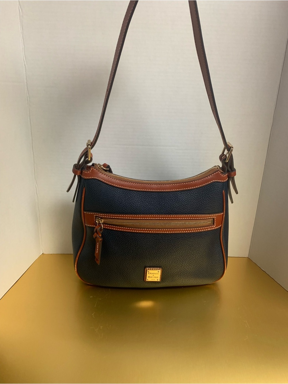 Dooney & Bourke Navy Pebble Leather Shoulder Bag with Brown Trim